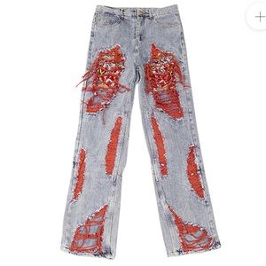 Brand New Baggy Ripped Blue and red jeans with Dragon sown under rips